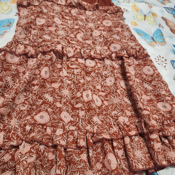 Womens Forever 22 Coral Fall Ruffle Dress Size Small with Floral and Leaf Design - Picture 7 of 10